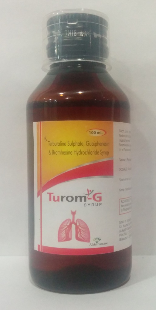 TUROM-G Syrup | Terbutaline Sulphate 1.25 mg + Bromhexine Hydrochloride 2 mg + Guiphenesin 50mg + Menthol 0.5mg (per 5 ml) 
